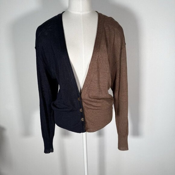 Portara By Bruestle Womens Cardigan Linen Blend Colorblock Cardigan Navy Brown S - Picture 1 of 12